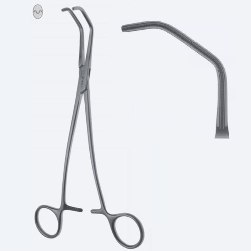 Зажими, судинні, "De Bakey-Satinsky", зубці "De Bakey", вигнуті, щелепа 47 мм, з кремальєрою, довжина 245 мм. Бренд - Asanus Medizintechnik Gmb, Німеччина